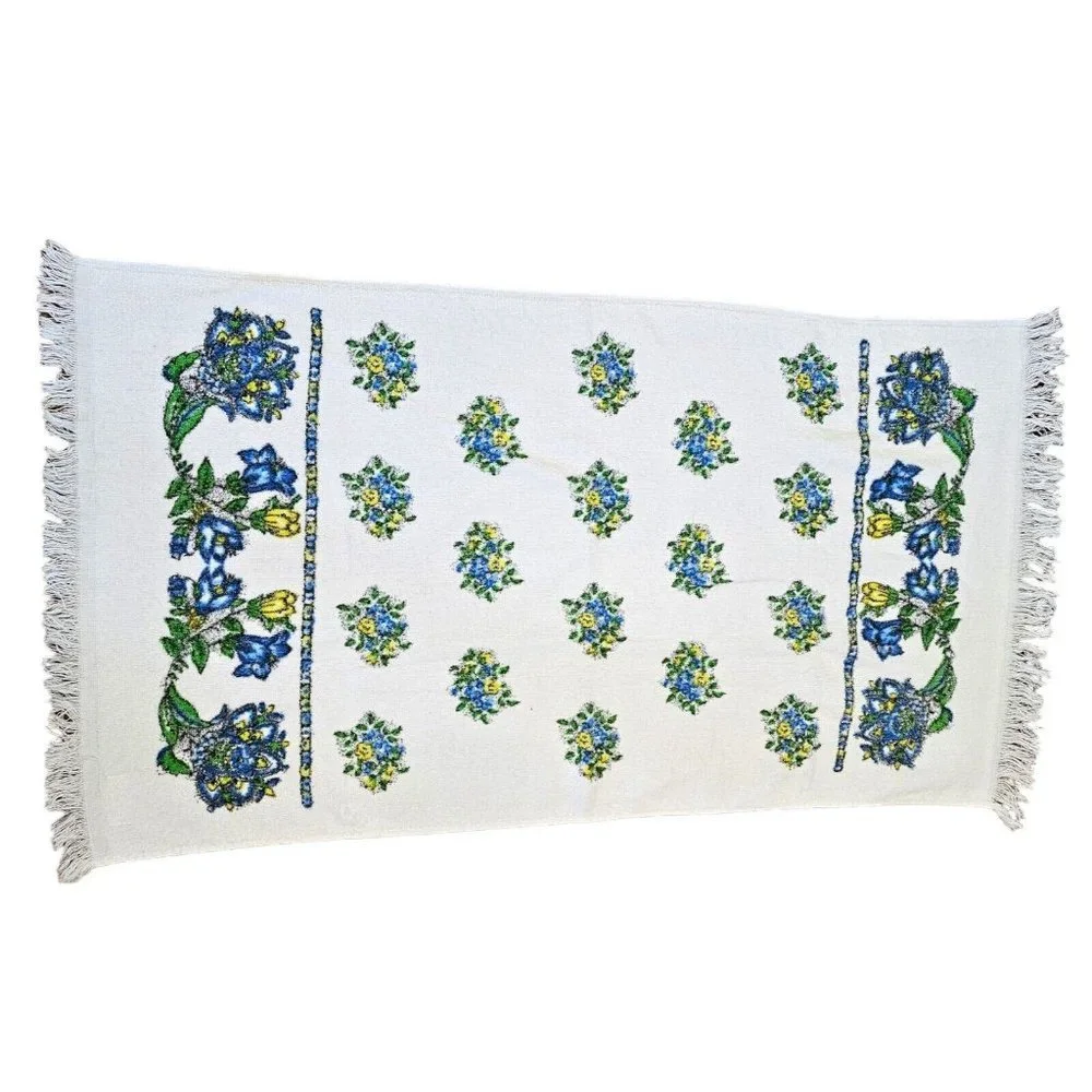 Vintage White Blue Floral Fringe Towel 3 Pc Set 1 Hangs Over Chair 22X38 Cannon‎